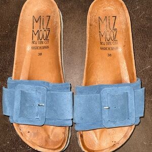 Miz Mooz Slate Blue Suede Buckle Slide Sandals